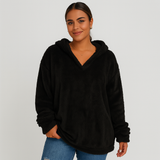 Fleece-Kapuzenpullover – Unifarbenes Damen Sweatshirt mit langen Ärmeln – Schwarz