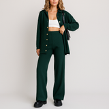Zweiteiliges Rippstrick-Set – Hemdjacke mit Knöpfen & Hose mit weitem Bein – Grün