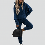 Damen Freizeitanzug 2-teilig – Unifarbener Kapuzenpullover mit Kängurutasche & schmal geschnittene Jogginghose – Blau
