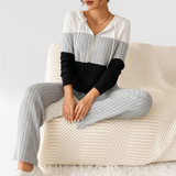 Damen Zweiteiler mit Reißverschluss – Gestreiftes Top & High-Waist Hose mit weitem Bein – Grau