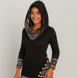 Damen Kapuzenpullover mit Ethno-Streifen – Langarm Hoodie im Patchwork-Stil – Schwarz