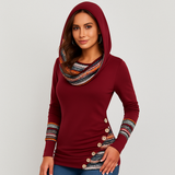 Damen Kapuzenpullover mit Ethno-Streifen – Langarm Hoodie im Patchwork-Stil – Burgunderrot
