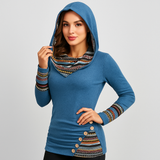 Damen Kapuzenpullover mit Ethno-Streifen – Langarm Hoodie im Patchwork-Stil – Blau