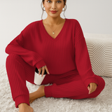 Damen Lounge-Set aus Rippstrick – Unifarbenes V-Ausschnitt-Top & Jogginghose mit Gummibund – Rot