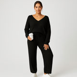 Damen Lounge-Set aus Rippstrick – Unifarbenes V-Ausschnitt-Top & Jogginghose mit Gummibund – Schwarz