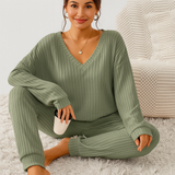 Damen Lounge-Set aus Rippstrick – Unifarbenes V-Ausschnitt-Top & Jogginghose mit Gummibund – Armeegrün