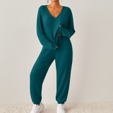 Damen Lounge-Set aus Rippstrick – Unifarbenes V-Ausschnitt-Top & Jogginghose mit Gummibund – Meeresblau