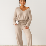 Damen Lounge-Set aus Rippstrick – Unifarbenes V-Ausschnitt-Top & Jogginghose mit Gummibund – Apricot