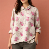 Blumenmuster Bluse mit langen Ärmeln und Kragen für Damen | Viona – Creme