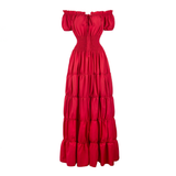 Margaret - Damen Maxikleid mit schulterfreiem Design und gestuftem Rock mit gerafftem Bund – Cranberryrot