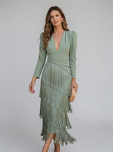 Rylanya – Elegantes Kleid Mit Fransen – Grün