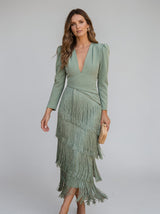 Odelina - Fließendes Fransenkleid – Grün