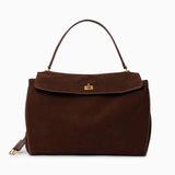 Clara – Elegante Damenhandtasche aus dunkelbraunem Wildleder mit goldfarbenem Drehverschluss – Dunkelbraun