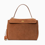 Clara – Elegante Damenhandtasche aus dunkelbraunem Wildleder mit goldfarbenem Drehverschluss – Karamell