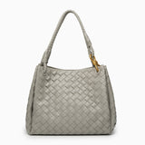 Valeria | Geflochtene schwarze Damenhandtasche aus veganem Leder mit Schulterriemen & goldenen Details – Grau