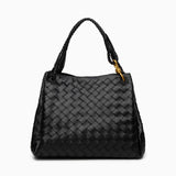 Valeria | Geflochtene schwarze Damenhandtasche aus veganem Leder mit Schulterriemen & goldenen Details – Schwarz