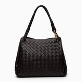 Valeria | Geflochtene schwarze Damenhandtasche aus veganem Leder mit Schulterriemen & goldenen Details – Dunkelbraun
