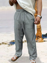Herren  Elastischer Bund Lange Leinenhose – Hellgrau