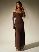 Alina - Damen Abendkleid mit Pailletten und transparenten Ärmeln – Braun