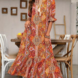 Aniy – Sommerkleid mit Blumenmuster und V-Ausschnitt – Orange