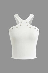 Darlene | Weiß Geripptes Tanktop mit Cut-Outs & Nieten – Weiß