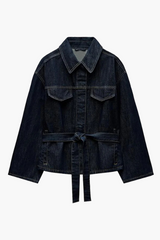 Damen-Denim-Set – Elegante Taillierte Jeansjacke mit Gürtel & Weite High-Waist Hose – Dunkler Denim