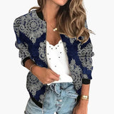 Damen Bomberjacke mit Blumenmuster und Reißverschluss – Blau