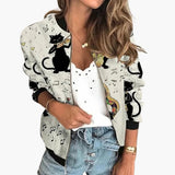 Damen Bomberjacke mit Blumenmuster und Reißverschluss – Weiß