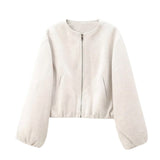 Damen Bomberjacke mit durchgehendem Reißverschluss und langen Ärmeln – Beige