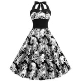 Damen Halloween Kleid | Rockabilly Kleid mit Totenkopf Print und Neckholder – Schwarz