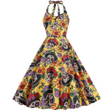 Damen Halloween Kleid | Rockabilly Kleid mit Totenkopf Print und Neckholder – Gelb