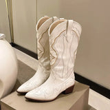 Damen Cowboystiefel Leder Wadenlang Western-Stil – Beige