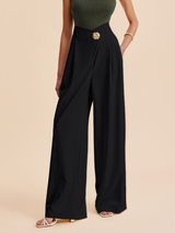 Damen Hochtaillierte Weite Hose mit Verzierungen – Schwarz