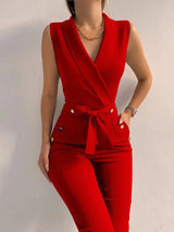 Damen Jumpsuit Mouwlos Elegant Hochwertig – Rot