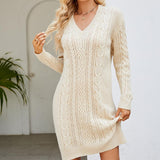 Damen Kleid Zopfstrick Langarm Elegant – Creme
