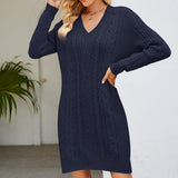 Damen Kleid Zopfstrick Langarm Elegant – Blau