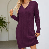 Damen Kleid Zopfstrick Langarm Elegant – Weinrot