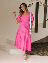 Damen Kleid mit Puffärmeln Elegantes Design Fließender Stoff – Rosa