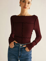 Damen Langarmshirt Baumwolle Lyocell Slim Fit mit Lettuce Trim – Burgunder