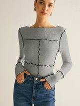 Damen Langarmshirt Baumwolle Lyocell Slim Fit mit Lettuce Trim – Grau