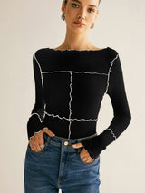 Damen Langarmshirt Baumwolle Lyocell Slim Fit mit Lettuce Trim – Schwarz