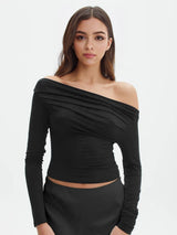 Damen Langarmshirt Jersey Off-Shoulder Elegant Oberteil – Schwarz