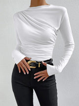 Damen Langarmshirt Raffung Elegantes Longsleeve – Weiß