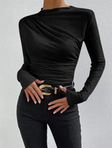 Damen Langarmshirt Raffung Elegantes Longsleeve – Schwarz