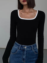 Damen Langarmtop Jersey mit Kontrast-Ausschnitt – Schwarz