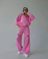Damen Loungewear-Set mit Kapuze und Cut-Outs – Rosa