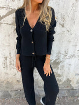 Damen Loungewear Anzug Strick mit Knopfleiste – Grau