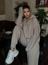 Damen Loungewear Anzug Strickmaterial mit Reißverschluss – Khaki