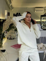 Damen Loungewear Anzug Strickmaterial mit Reißverschluss – Weiß