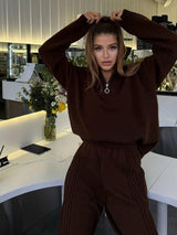 Damen Loungewear Anzug Strickmaterial mit Reißverschluss – Braun